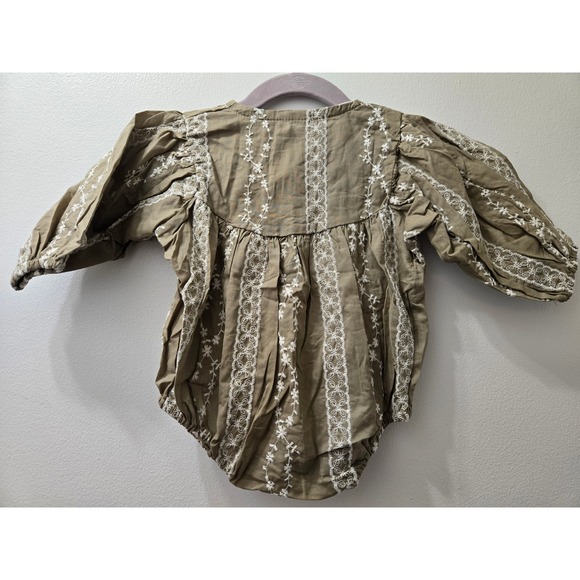 Ryan & Remi Baby Girl Olive Green Embroidered Puff Sleeve Romper Onesie - Picture 5 of 6